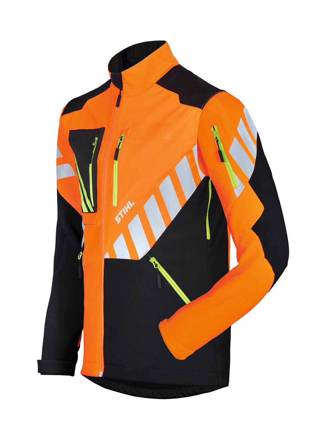 Die atmungsaktive und vollelastische Waldarbeitsjacke STIHL ADVANCE ShellTEC bietet Profis im Forst und im Garten- und Landschaftsbau hohen Tragekomfort und viel Bewegunsgfreiheit. Gleichzeitig sorgen der hohe Warnorangeanteil und die reflektierenden Streifen auch bei ungnstigeren Lichtverhltnissen fr eine ausgezeichnete Sichtbarkeit.