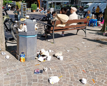 Voluminse To-go-Verpackungen verstopfen Papierkrbe, die fr diese Art Mll nicht ausgelegt sind.
