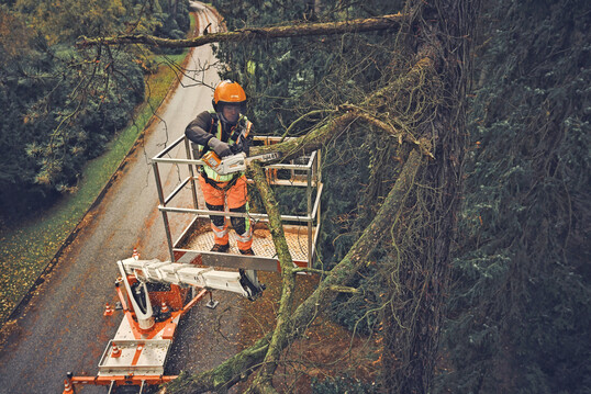 Ob im Baum oder von der Hubarbeitsbhne aus: Dank ihrer groen Beschleunigung und einer Kettengeschwindigkeit von bis zu 16 m/s sind Pflege- und Korrekturschnitte mit der kompakten und leichten Stihl MSA 190 T schnell erledigt. 