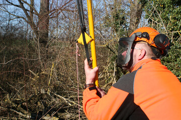 Arbeiten mit der Wurfbeutelschleuder. Beim Einschieen der Wurfleine in den Baum muss die Zugkraft whrend des Zielens aktiv gehalten bzw. durch statische Muskelkraft aufgebracht werden.