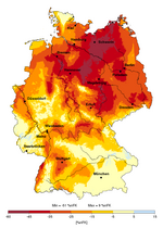 Abweichung der Bodenfeuchte (in 0-60 cm unter Gras und sandigem Lehm) in % nFK im Dezember 2018 vom Mittel 1981-2010. Die Abweichung blieb trotz der ergiebigen Niederschläge bis auf kleine Gebiete im Süden und Westen negativ.