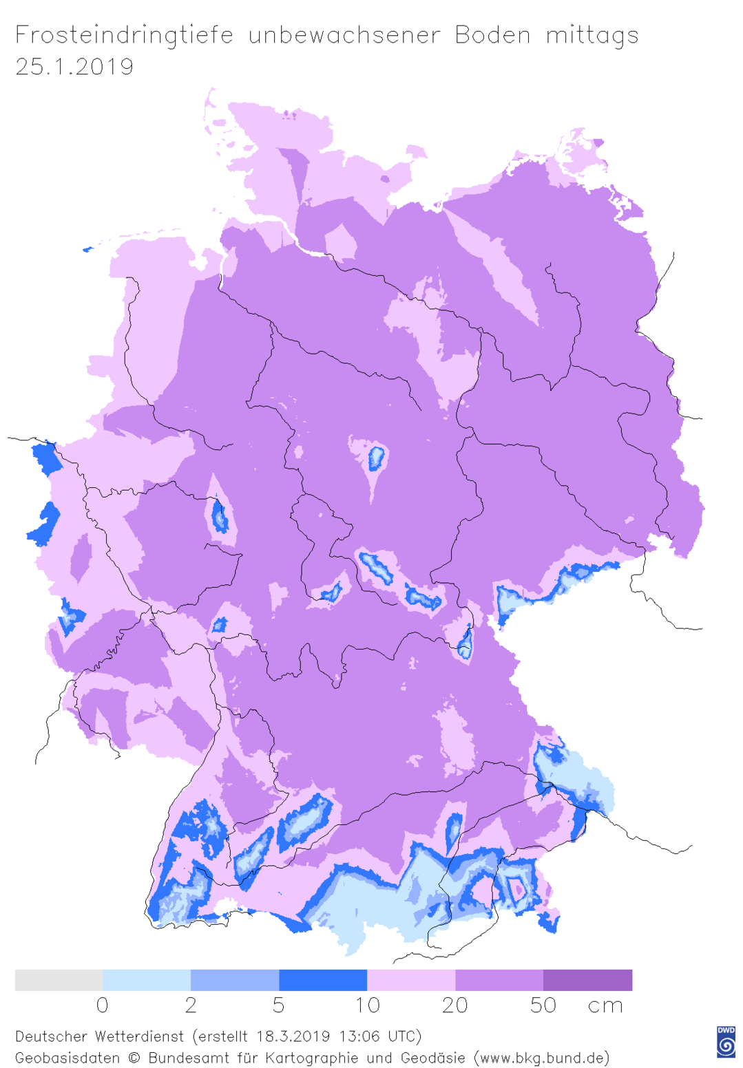 Die vorhergesagten mittglichen Frosteindringtiefen in einen unbewachsenen Boden lagen am 25. Januar 2019 verbreitet bei ber 20 cm.