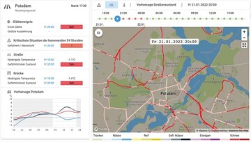 Beispielansicht der Einsatzwetter-App fr Hamburg am 28.12.2021 mit Informationen zu den Belagszustnden auf Brcken, Straen, Rad- und Gehwegen.