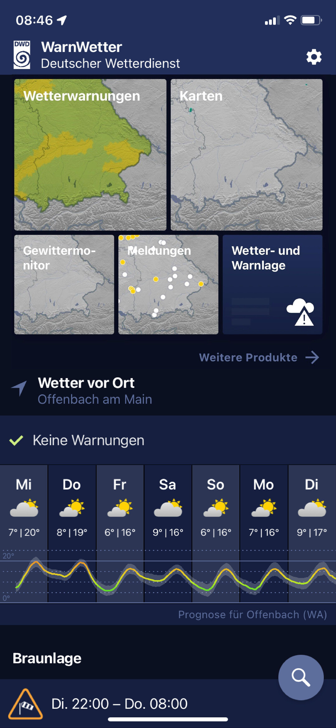 Neu gestalteter Startbildschirm mit dem Wetter vor Ort