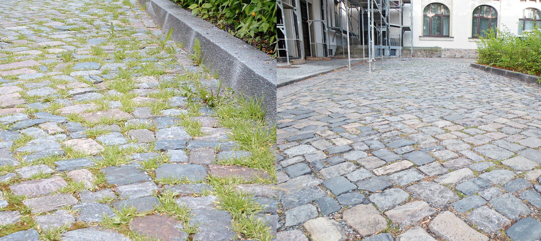 Vorher – nachher: Historisches Natursteinpflasterin Chemnitz, das drei Jahre lang dreimal jährlich mit einem Heißwasser-Heißdampfgemisch behandelt wurde