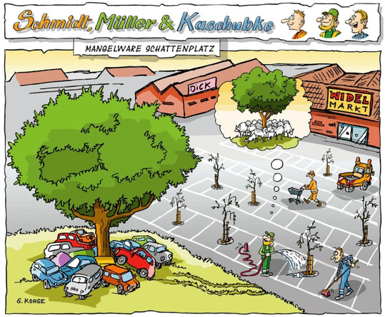 Groe Parkpltze ohne oder mit kmmernder Begrnung sind eine der Hauptursachen fr die Hitze in Stdten. Dies hat unser Zeichner Gerd Korge treffend dargestellt.