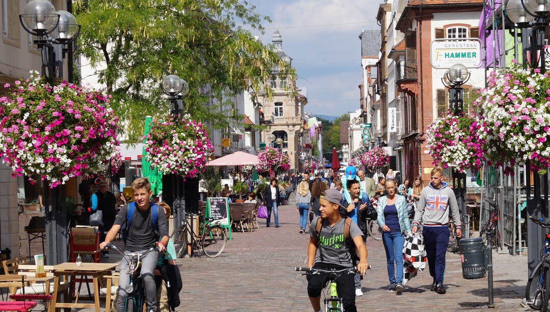 In ganz Deutschland unterwegs; Flower Baskets von Flower and Shower in der Landauer Fußgängerzone.