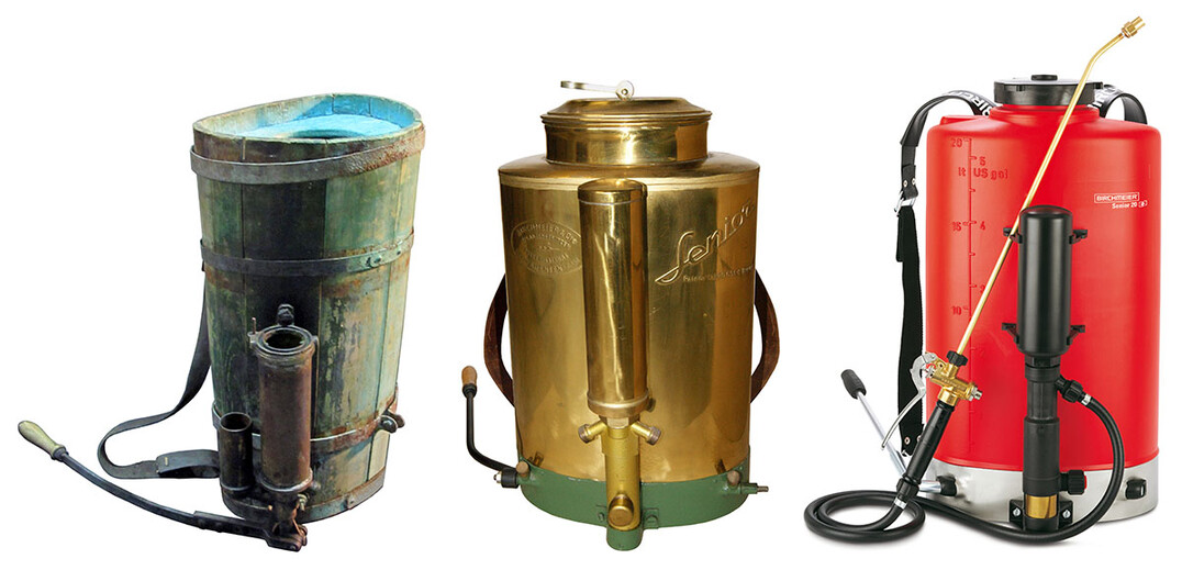 Entwicklung der R�ckenspr�hger�te v.l.n.r.: Ger�t von 1892, 1950, 1977