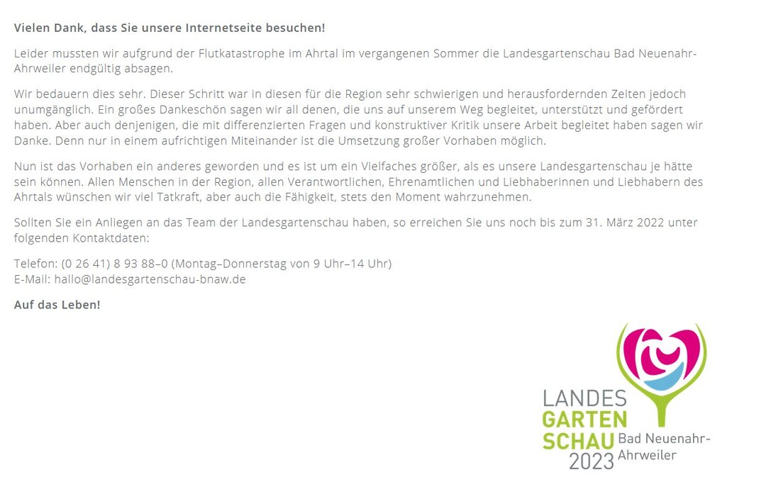 Aufgrund der Flutkatastrophe im Ahrtal im Sommer 2021 musste die Landesgartenschau Bad Neuenahr-Ahrweiler 2023 abgesagt werden. Nun gibt es die Idee für eine Gartenschau im Jahr 2030!